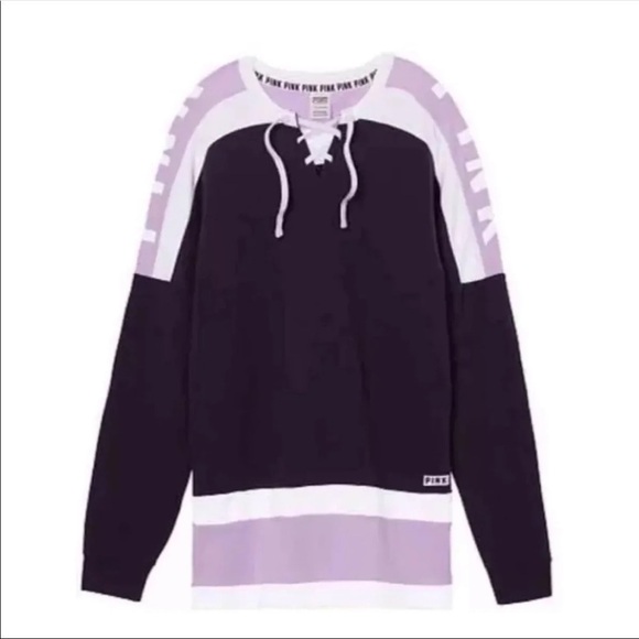 (NWT) Victoria’s Secret PINK Lace-UP Varsity Graphic Crew Plum/Purple Petal, XS - Picture 2 of 8